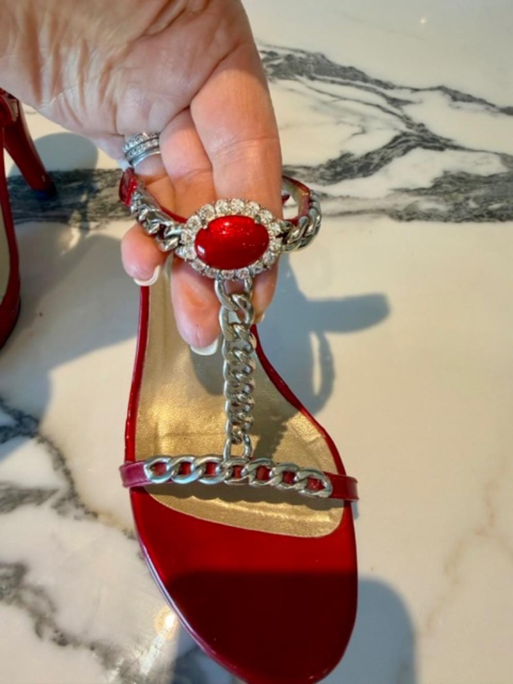 Red Patent Leather Healed Sandal w/ Red Rhinestone/Silver Chain Embelishment